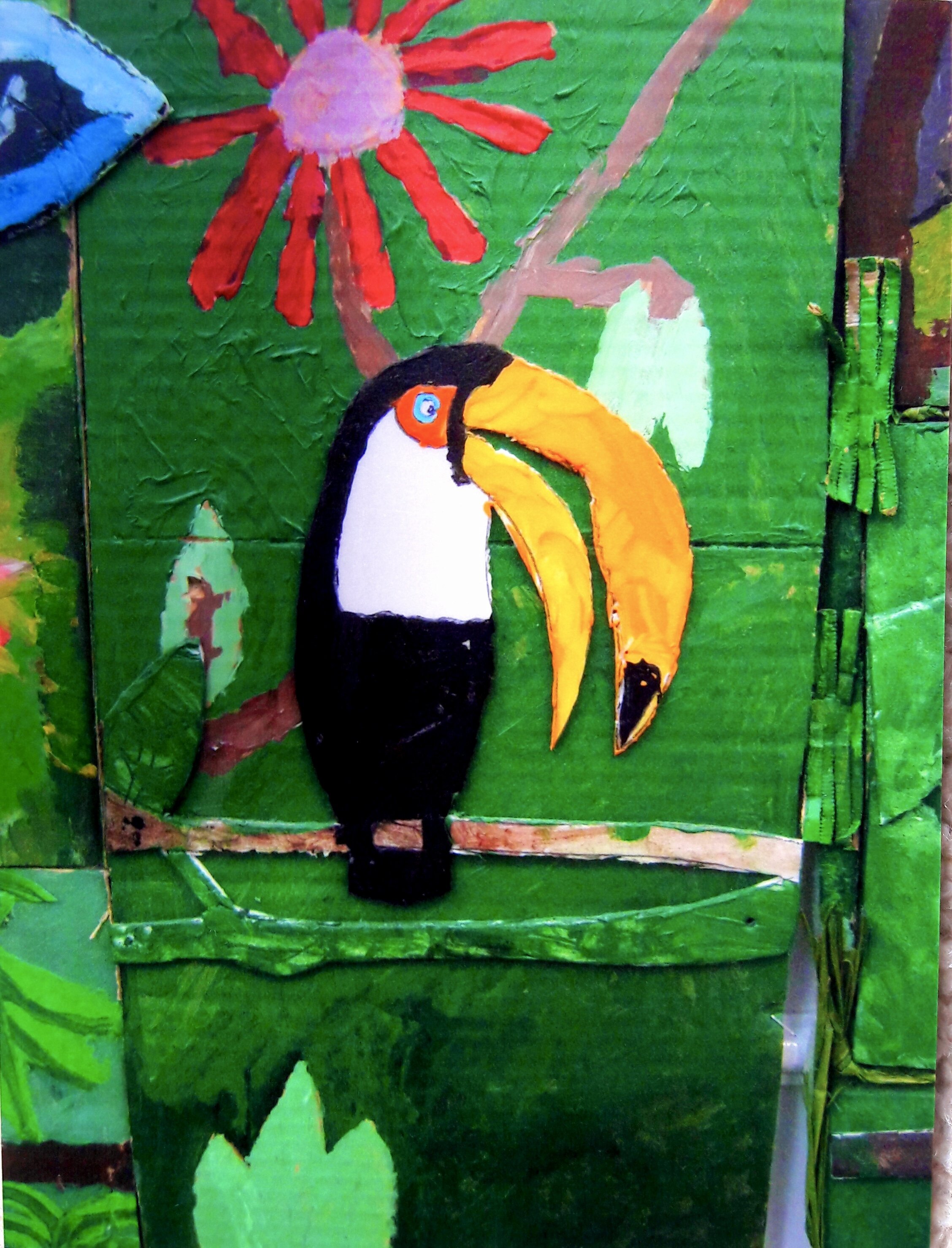 Painted artwork of a toucan standing on a branch with a background of green leaves and a red flower.