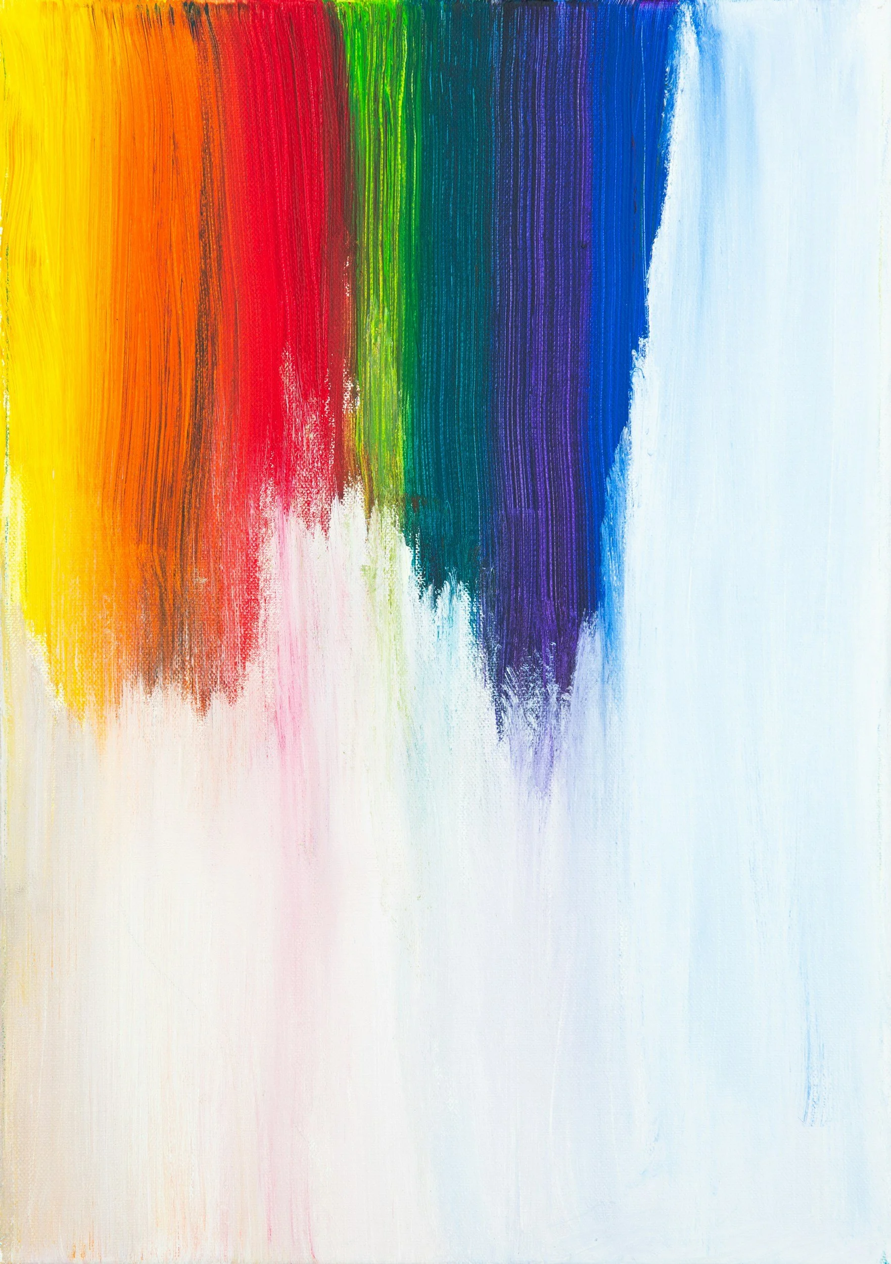 Abstract painting with vertical strokes of rainbow colors from yellow, orange, red, green, blue, purple, to light blue, on a white background.