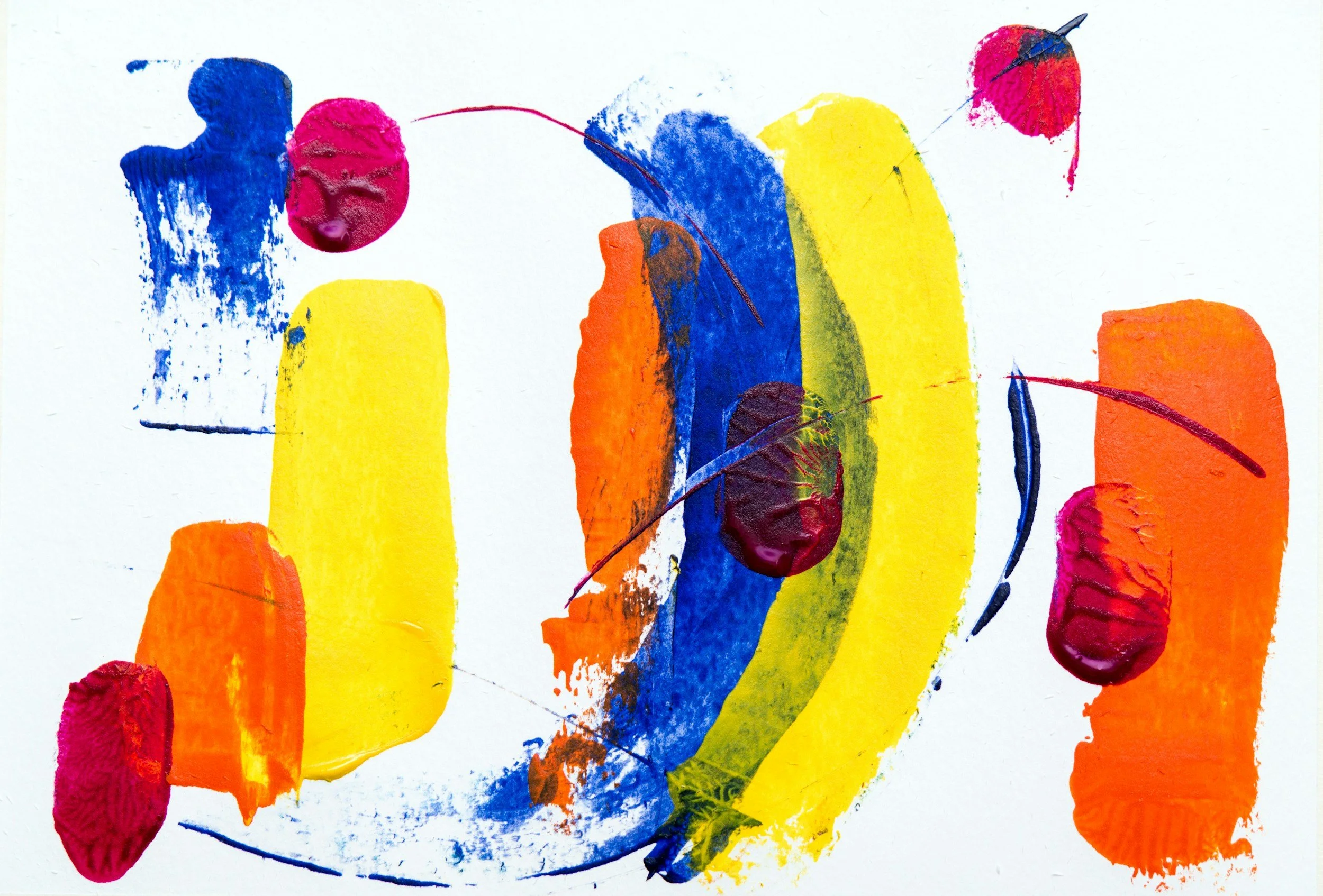 Abstract painting with bold strokes of yellow, blue, orange, and red paint on white background.