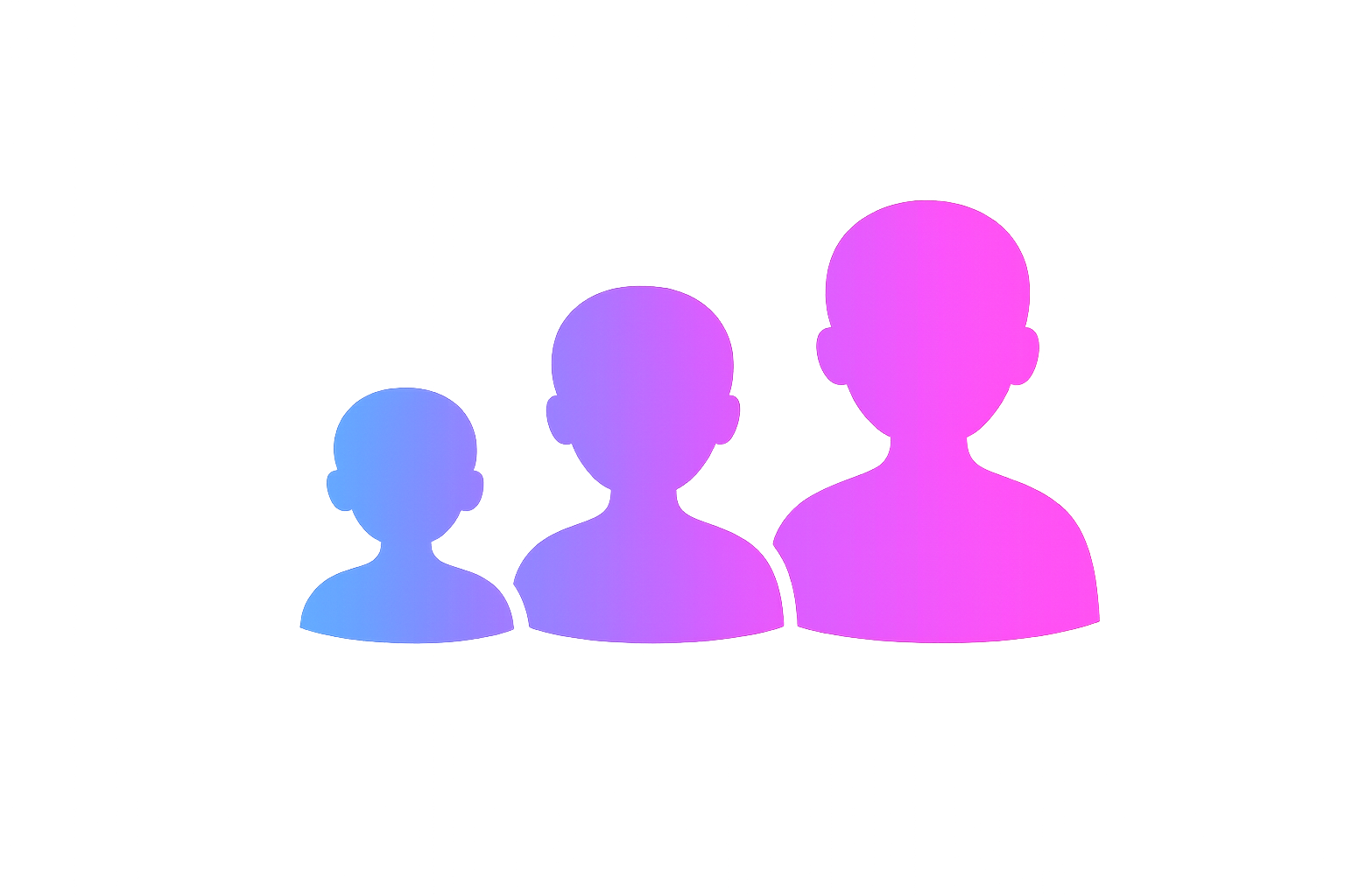Three stylized human silhouette icons in blue, purple, and pink with a gradient background.