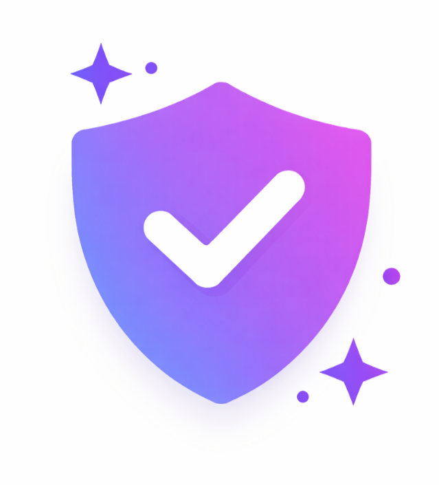 A shield with a check mark in the center, surrounded by stars and circles, colored with a gradient of purple and blue.