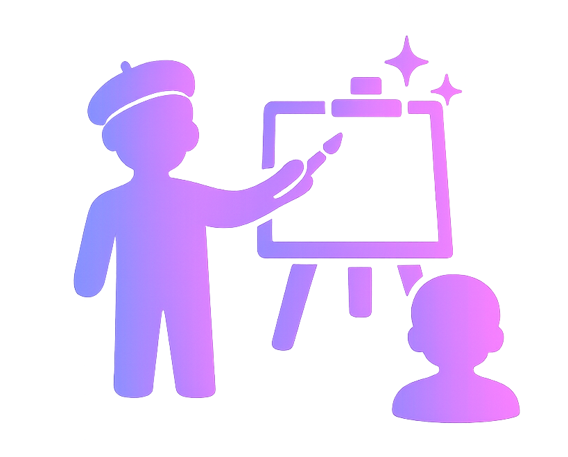 A digital illustration of a person pointing at a whiteboard or screen, with another person sitting and watching, depicted in pastel purple and pink colors.