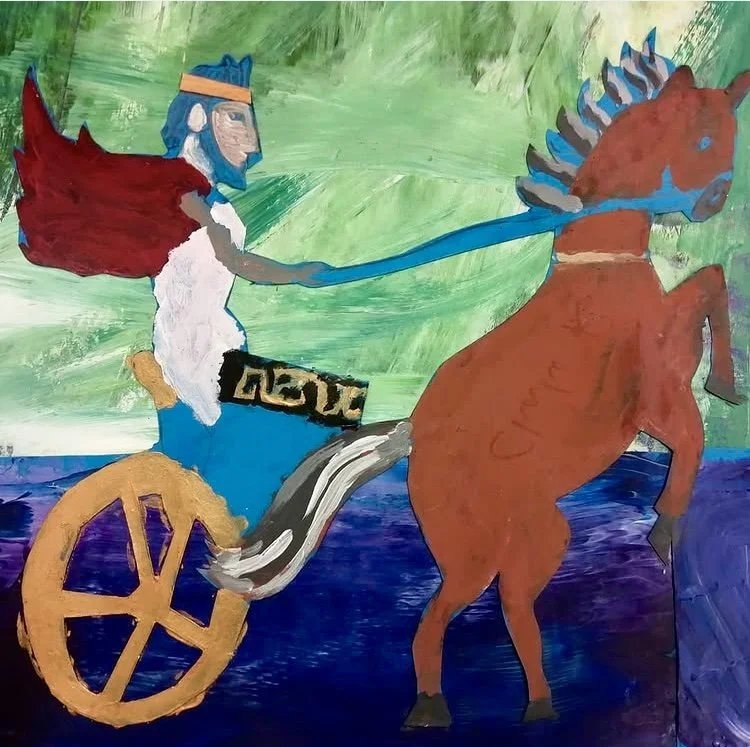 A colorful painting of a person with a blue beard and a crown riding a chariot pulled by a horse in front of a green sky and blue ground.