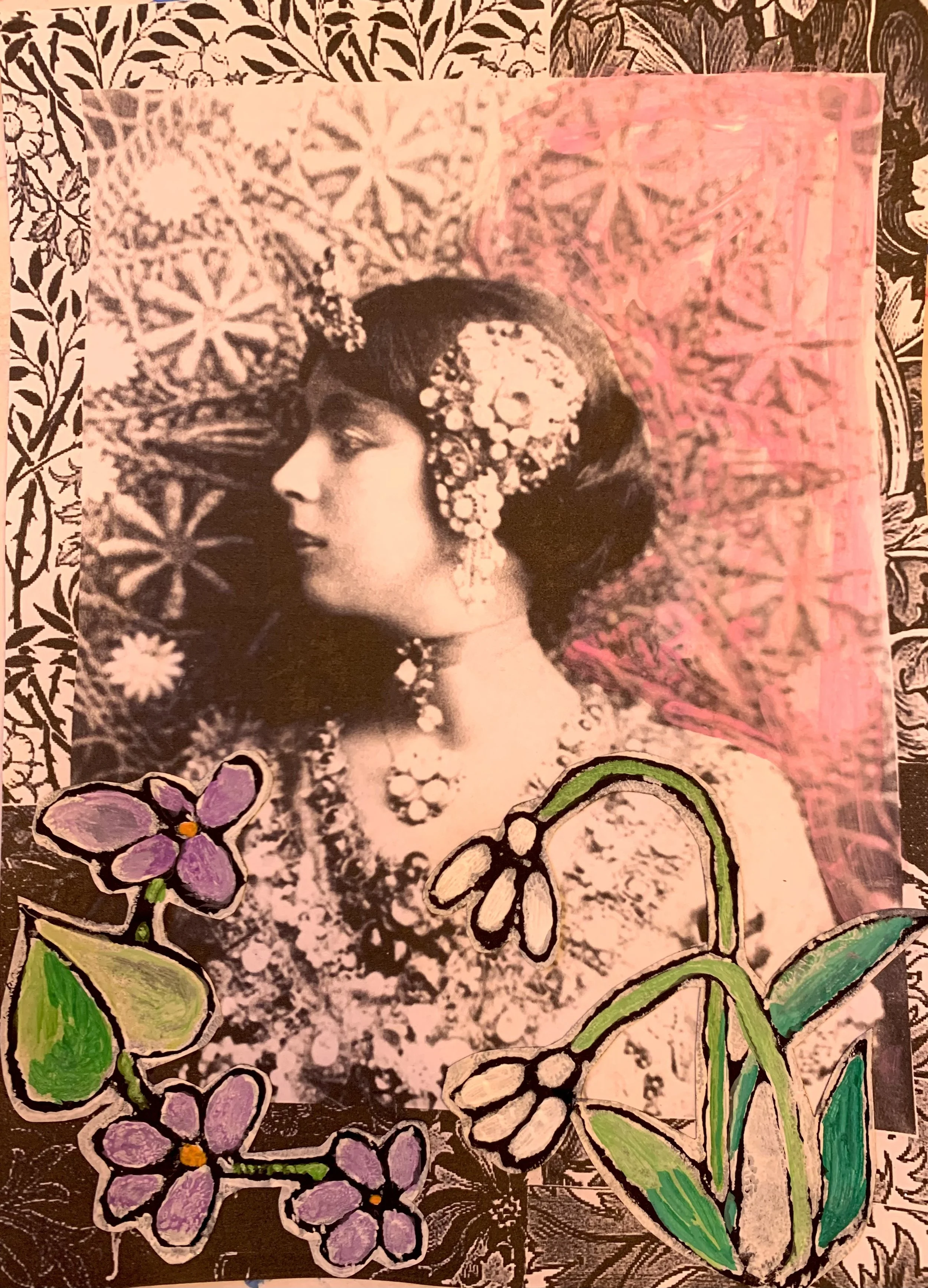 A black and white vintage photograph of a woman in profile, adorned with jewelry and flowers in her hair, surrounded by hand-drawn colorful flowers and leaves overlaying a patterned background.