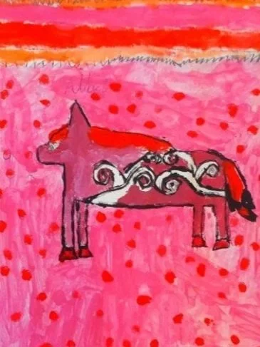 Child's drawing of a pink horse with a swirl pattern on its back, set against a pink and orange background with red dots.
