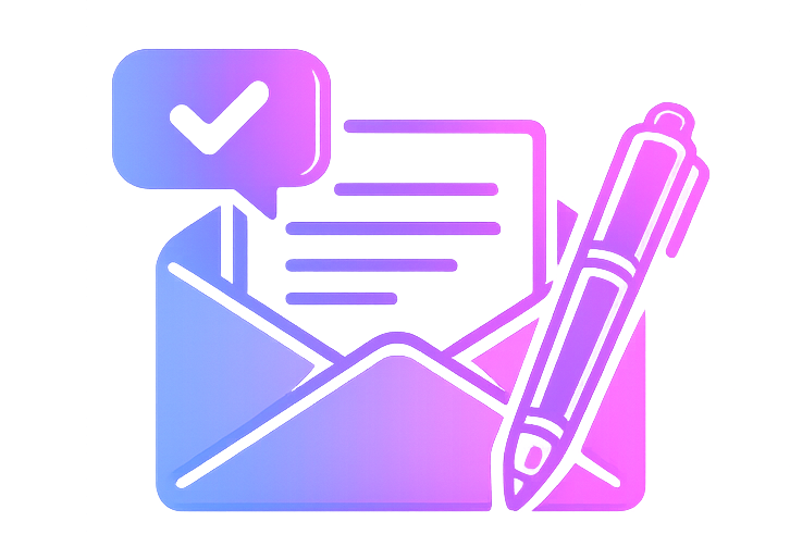 Digital illustration of an email inbox with a check mark, an envelope, a pen, and documents, all in pastel pink and blue neon colors.