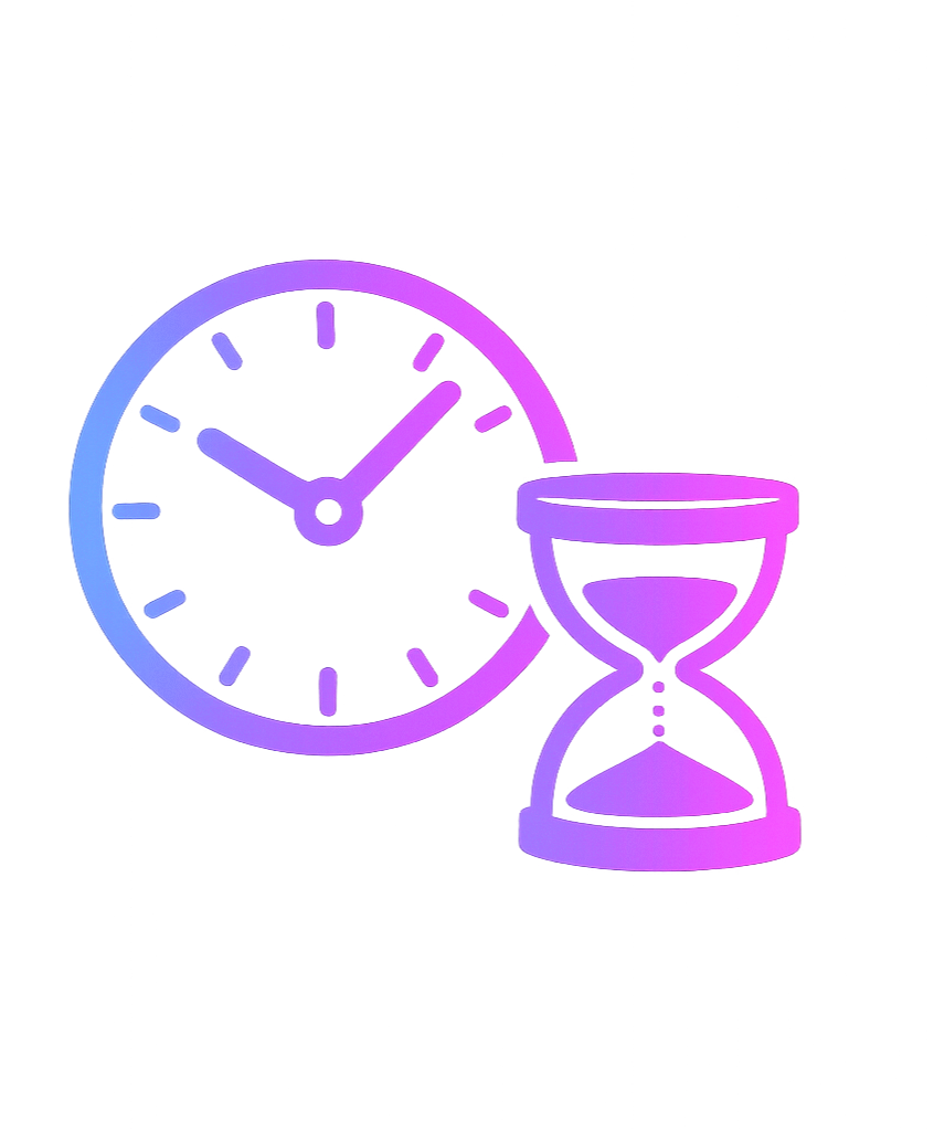 Gradient neon clock and hourglass icons representing time management.