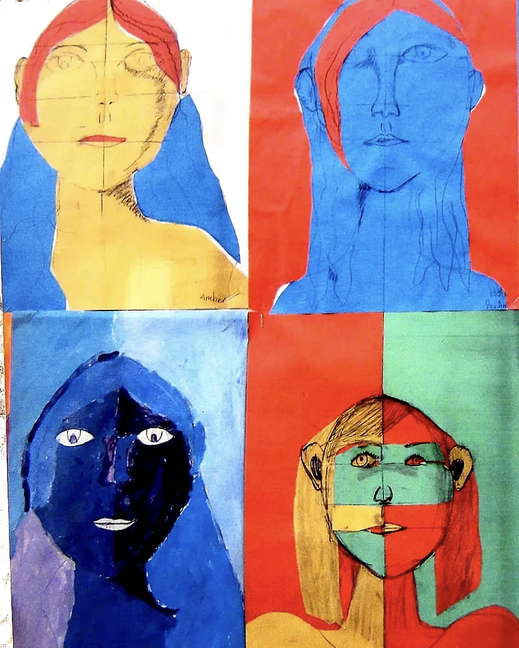 Four colorful artistic portraits of women arranged in a grid, each with a different color background and stylized features.