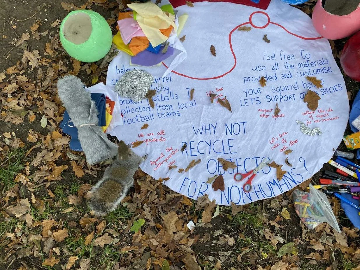 A pro-recycling sign on the ground among fallen leaves, with two squirrels nearby. The sign promotes recycling household materials and supporting non-human species, with handwritten messages and drawings on it.
