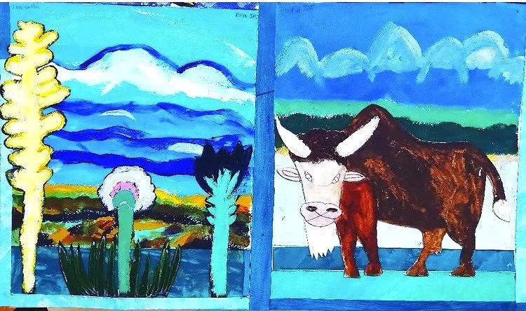 A children's drawing divided into two sections: the left features colorful mountains, trees, and plants, and the right depicts a brown and white cow with a background of blue sky and clouds.