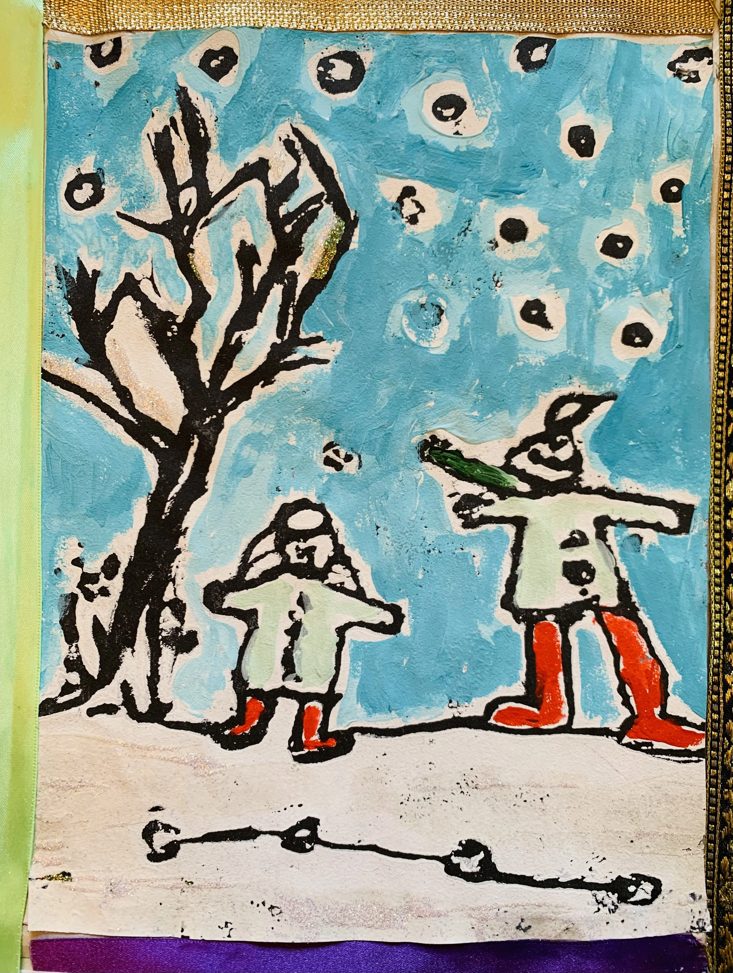 Childlike drawing of two children wearing red boots, standing under a leafless tree with a night sky filled with stars or snowflakes.