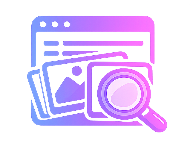 Illustration of photo editing and image management with a magnifying glass, photos, and a computer window.