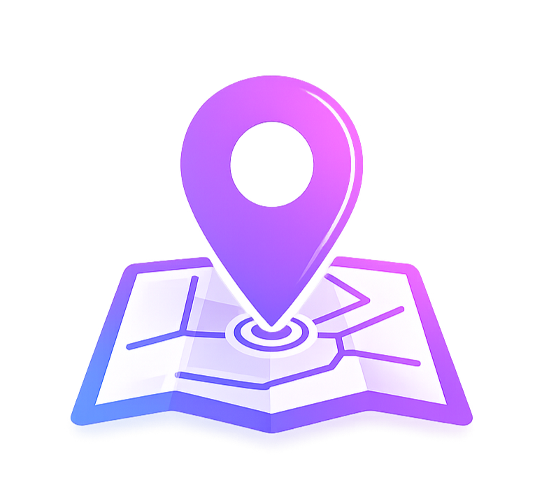 A digital map with a large purple location pin marker over it, indicating a specific destination or point of interest.