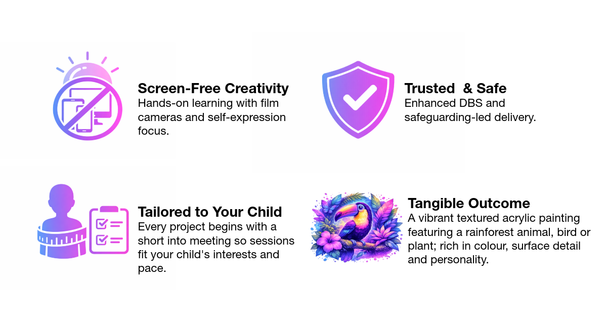 Infographic displaying four sections: a sun and mobile device icon with a slash, a shield with a checkmark, a child's silhouette with checklists, and a colorful toucan bird with flowers. Each section includes descriptive text about creativity, safety, customization, and artwork.