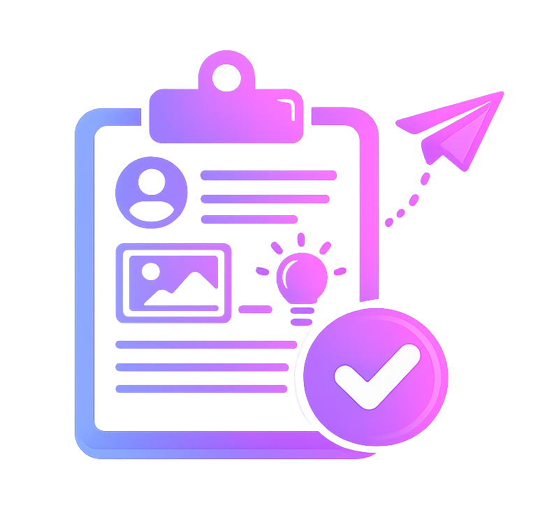 A digital illustration of a clipboard with a checklist, a person icon, a graph, and gear symbols, with a large checkmark in a circle overlay, all in neon gradient colors of purple, pink, and blue.