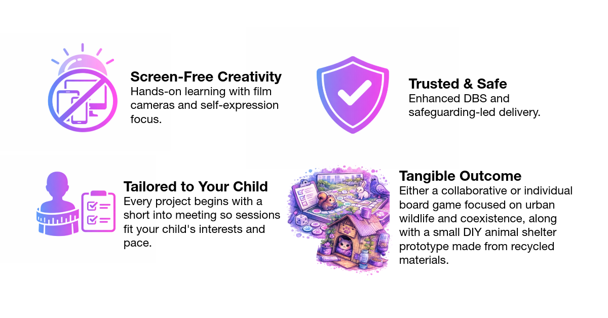 An infographic highlighting features of a children's project focused on urban wildlife and eco-friendly animal shelters. It includes icons for screen-free creativity, trusted safety, tailored to your child's interests, and tangible outcomes with a colorful illustration of a small DIY animal shelter.