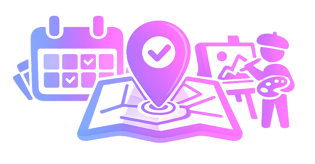 Neon-style illustration of a GPS map marker with checkmarks inside, a computer screen with a checkmark, a calendar, and a person holding a speech bubble.