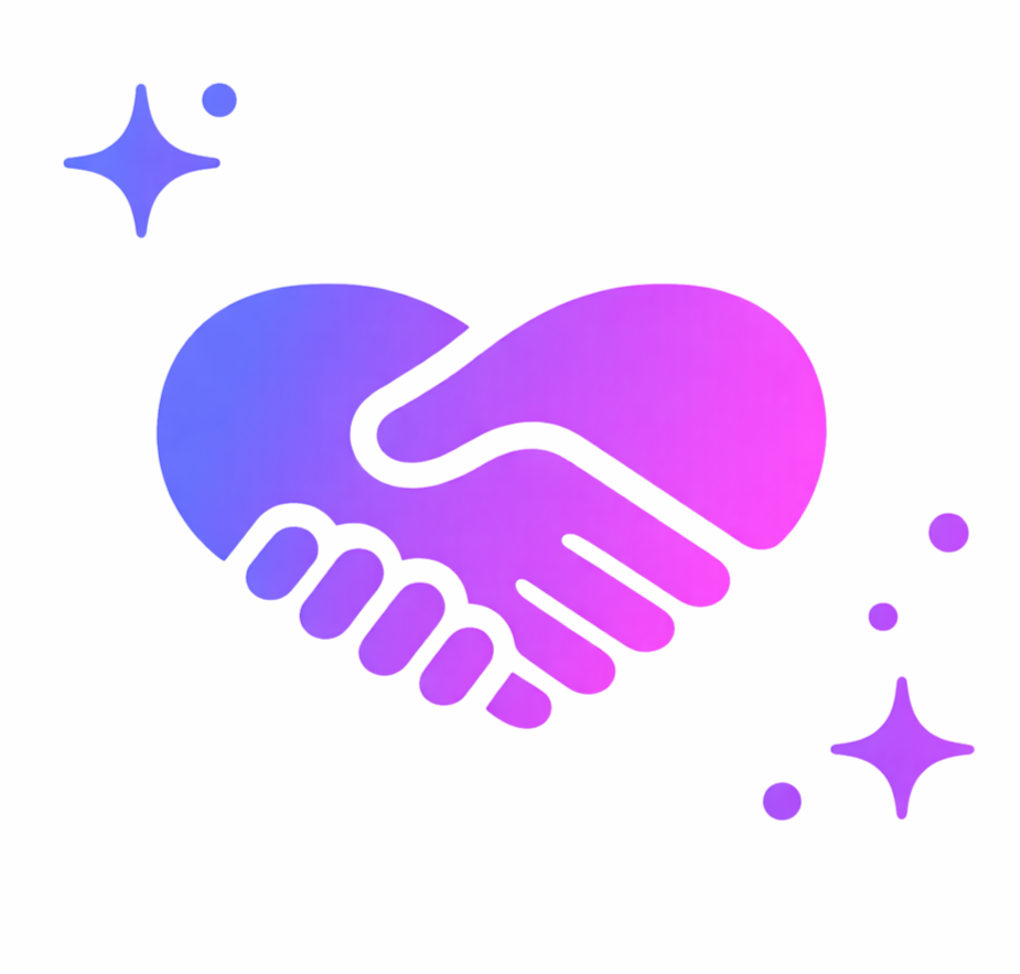 A digital illustration of two hands shaking, with a gradient purple and pink color, surrounded by small decorative stars and dots.