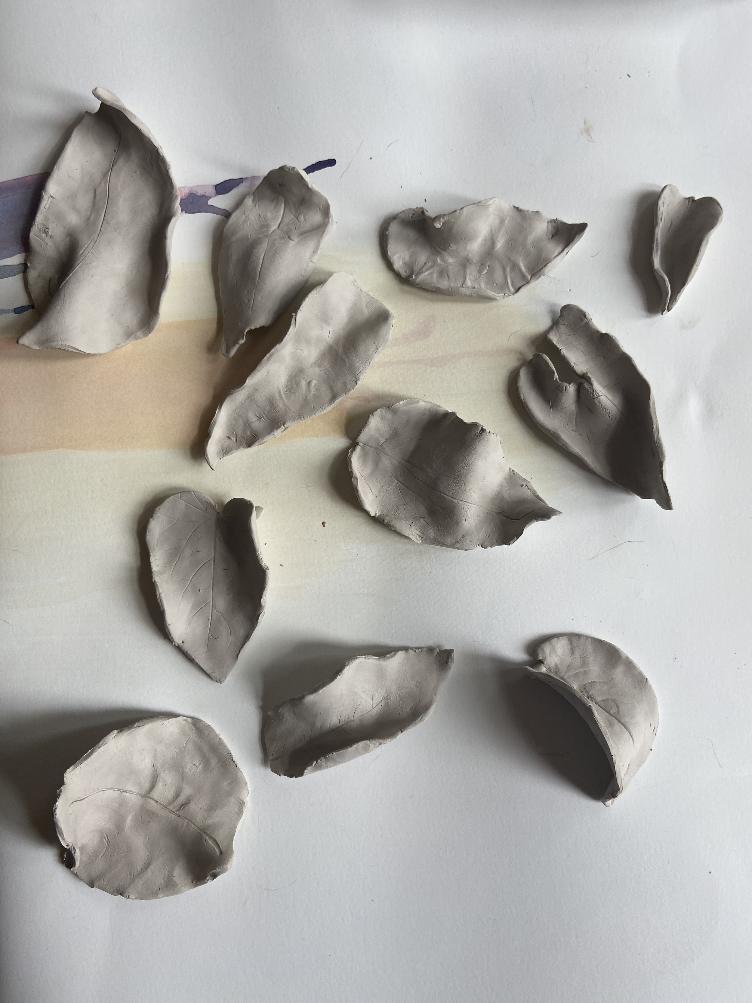 Clay or ceramic leaf-shaped pieces arranged on a white surface.