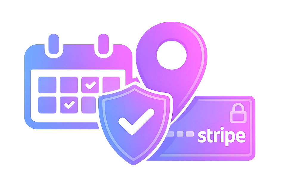 Digital icons related to online security and payment, including a calendar with check marks, a shield with a check mark, a location pin, and a Stripe payment card with a lock symbol.