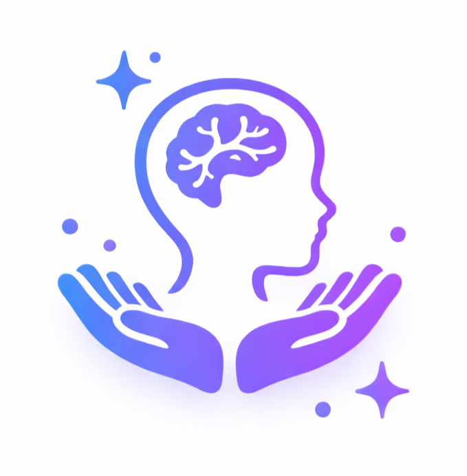 A digital illustration of a person's side profile with a visible brain inside their head, held by two stylized hands, surrounded by star-like shapes, in a gradient of purple and blue.