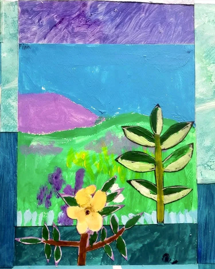 Colorful painting of a landscape with mountains, grass, and two plants with green leaves and a yellow flower.