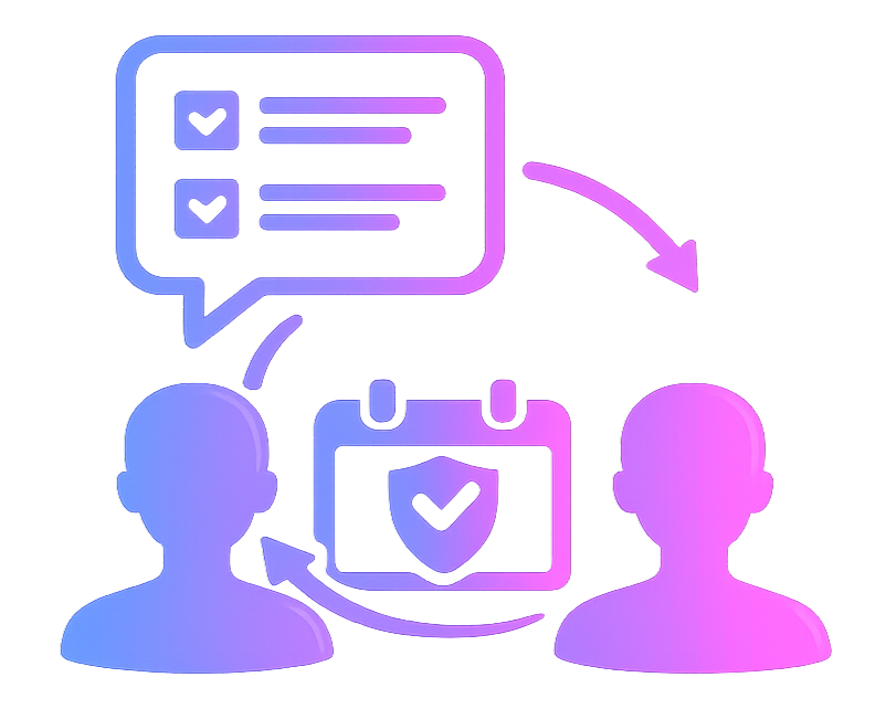 Illustration of two people icons engaged in a task, with speech bubbles showing checkmarks and a calendar with a checkmark, indicating communication and scheduling in a digital or collaborative setting.