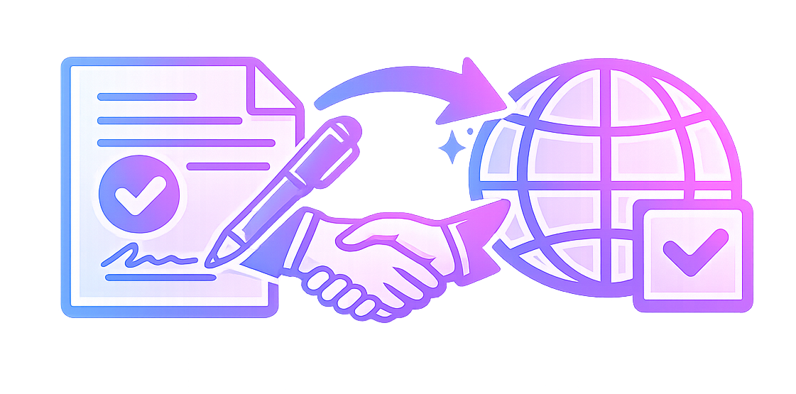 Illustration of a handshake, with a document and checkmark on the left, and a globe with a checkmark on the right.
