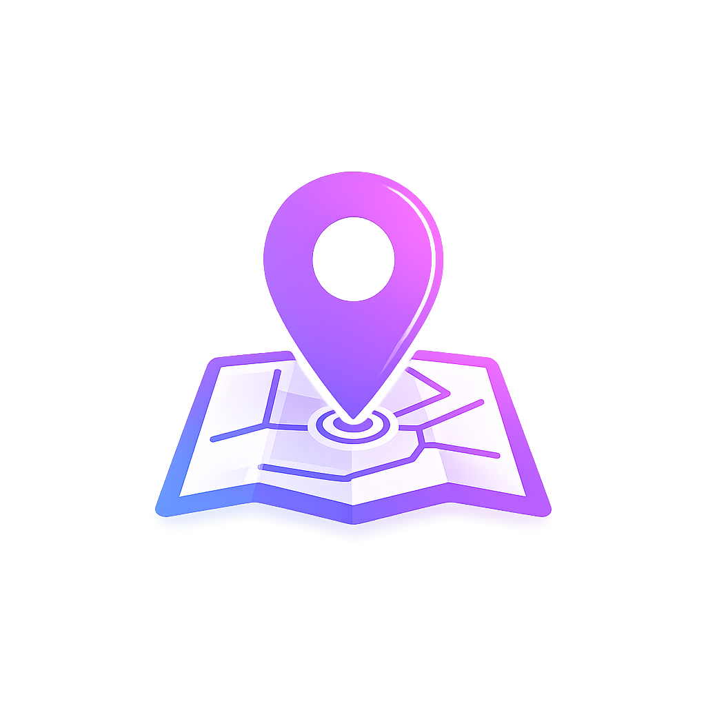 A digital illustration of a map with a purple location pin marker.