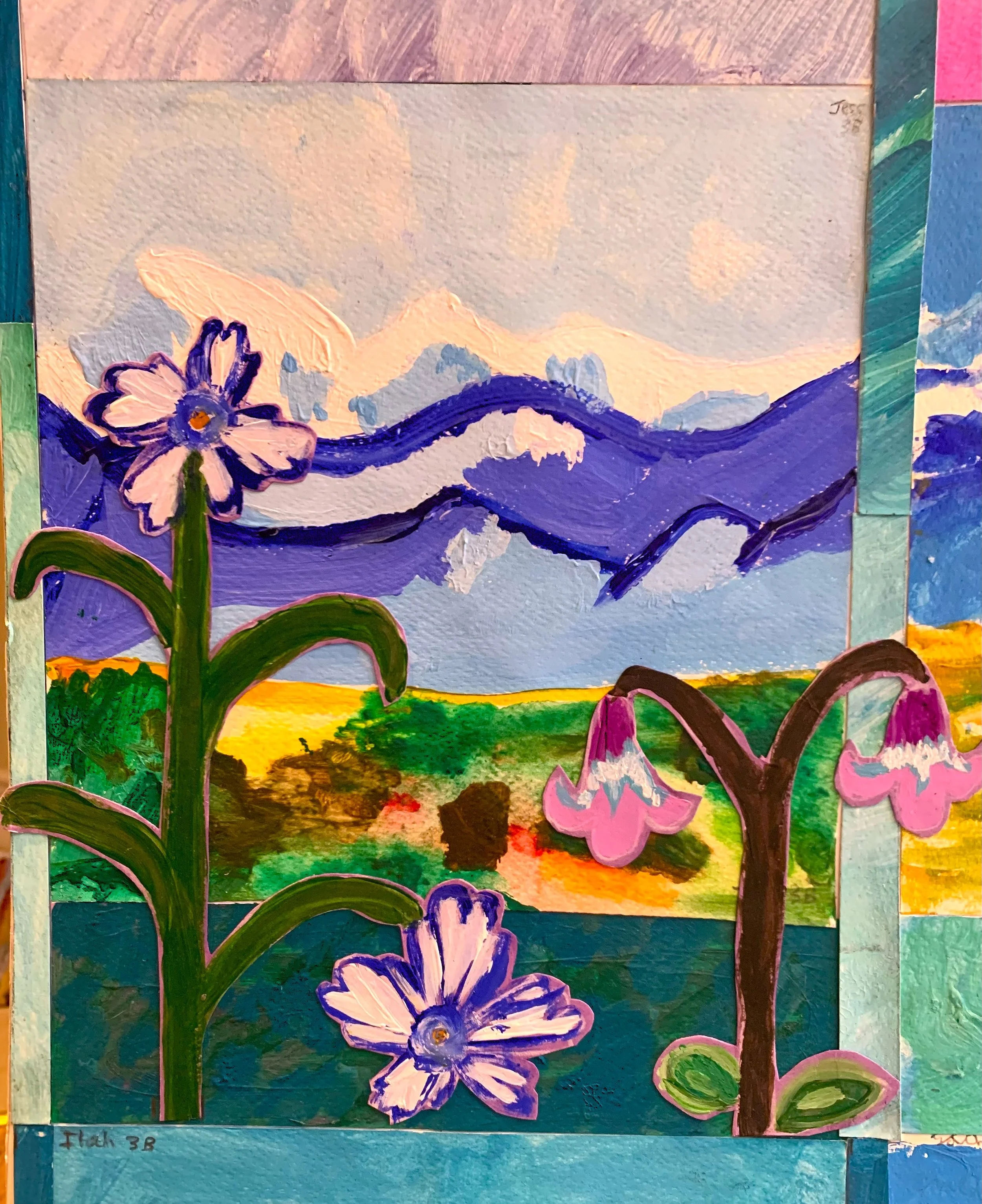 Colorful painting of purple mountains, a blue sky with clouds, and pink flowers in the foreground.
