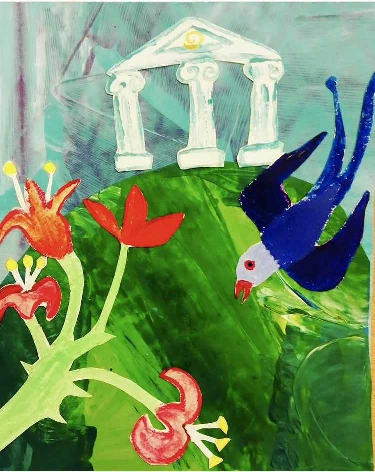Colorful painting of a blue and white swallow flying near red and orange flowers on a lush green hill, with a white Greek temple in the background.