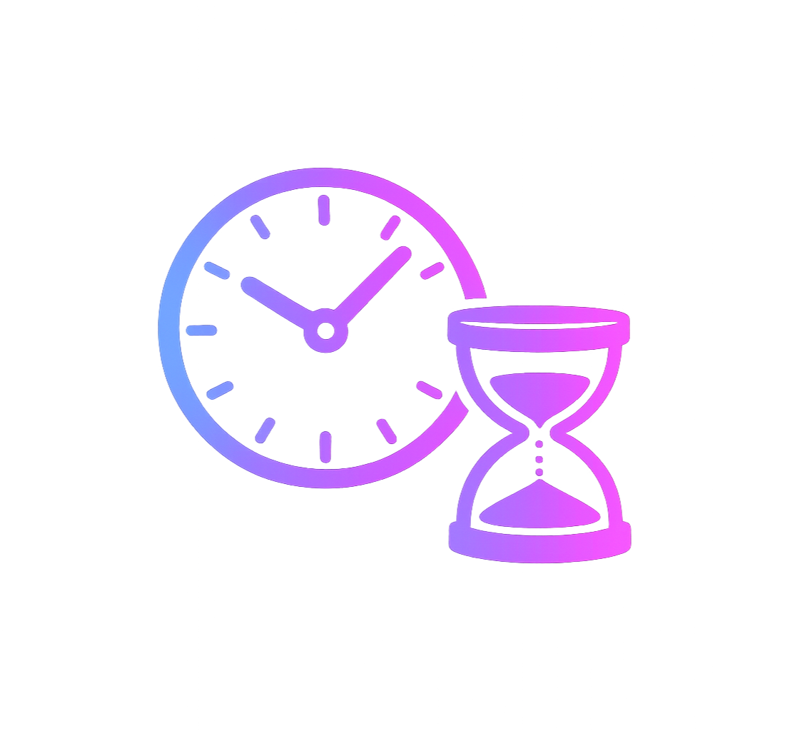 A digital illustration of a clock and an hourglass, both outlined in purple, against a gradient background.