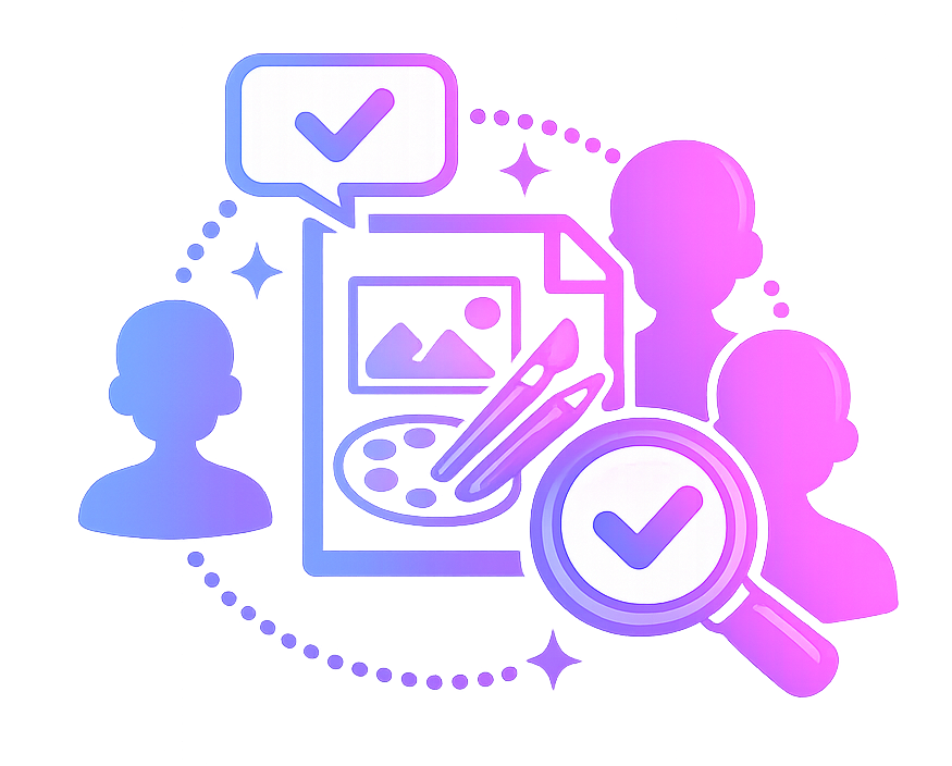 Digital illustration of social media content creation, including a smartphone with image editing, user icons, check marks, and a magnifying glass.