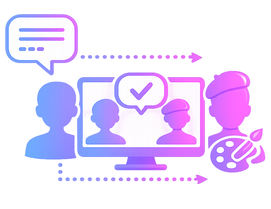 Digital illustration of people communicating through video calls and messaging, with a color palette of pink and purple.