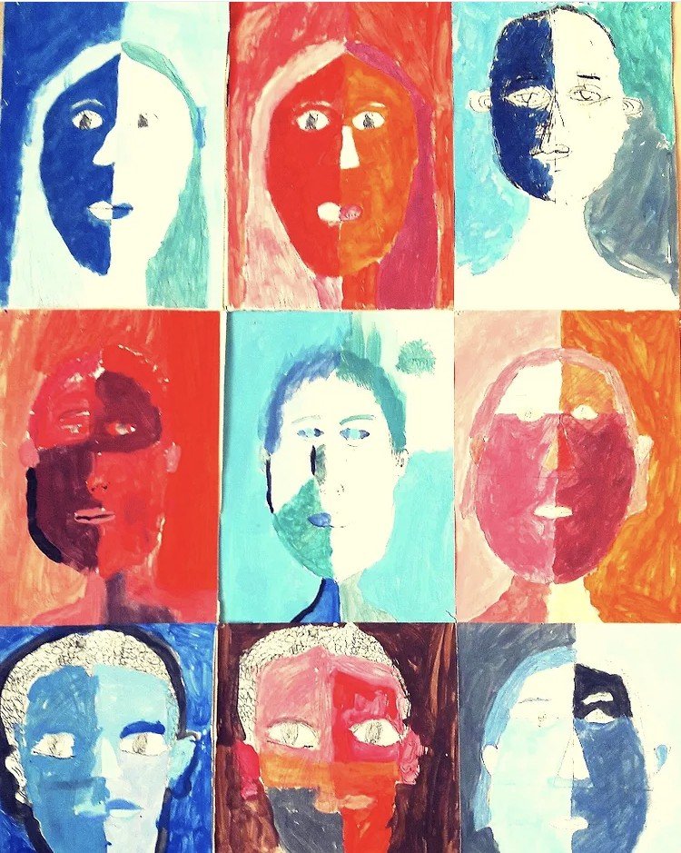 A collage of nine abstract portrait paintings featuring various individuals in different colors and artistic styles.