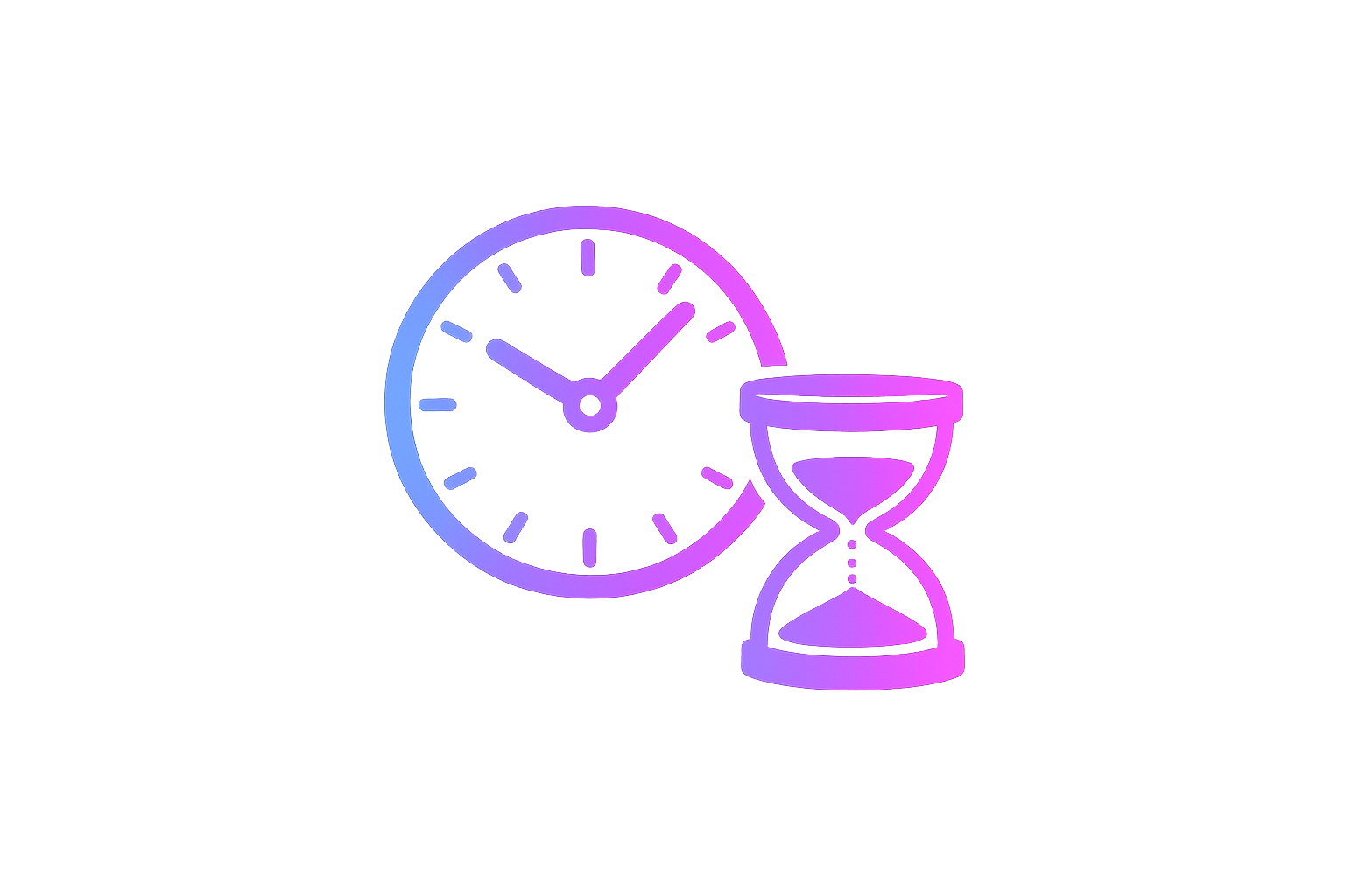 A digital illustration of a clock and an hourglass with neon lighting effects.