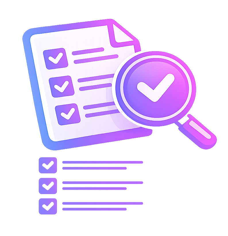 Digital illustration of a checklist with checkmarks, a magnifying glass with a checkmark, and a reinforced list, symbolizing review or verification.