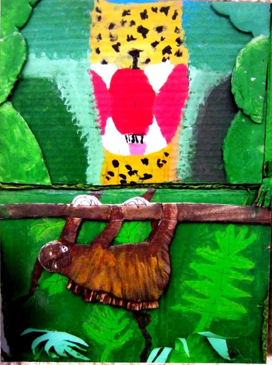 Colorful illustration of a jungle scene featuring a sloth hanging from a branch with green leaves, and a leopard's face in the background with vibrant yellow and black spots.