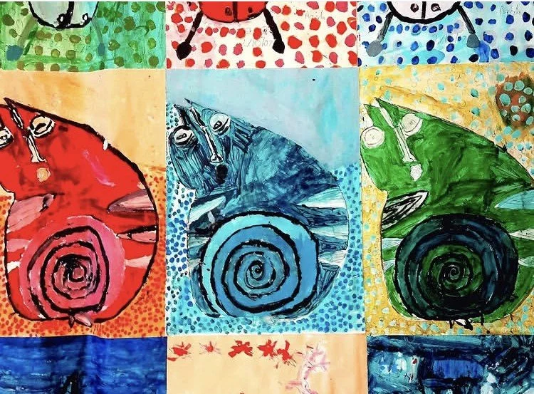 Colorful, abstract paintings of snails in a pop art style with bright backgrounds in yellow, orange, blue, green, and red.