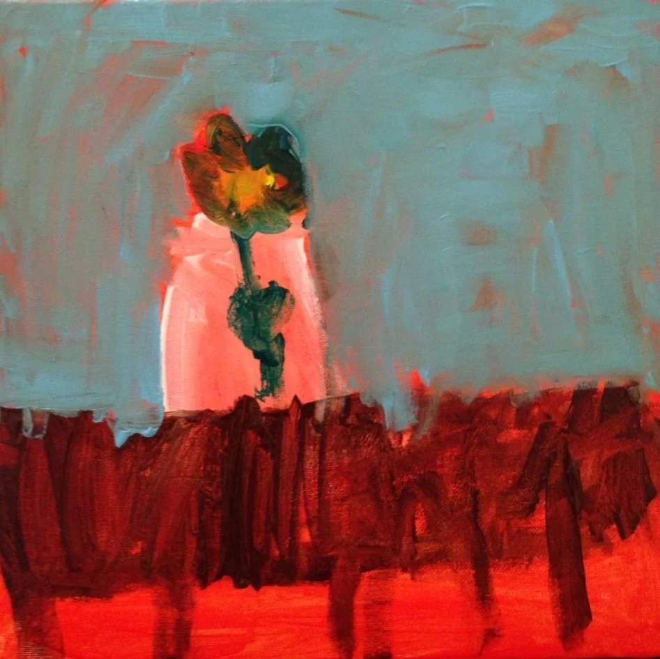 An abstract painting of a person holding a yellow and black umbrella, standing on a red and brown surface against a blue background.