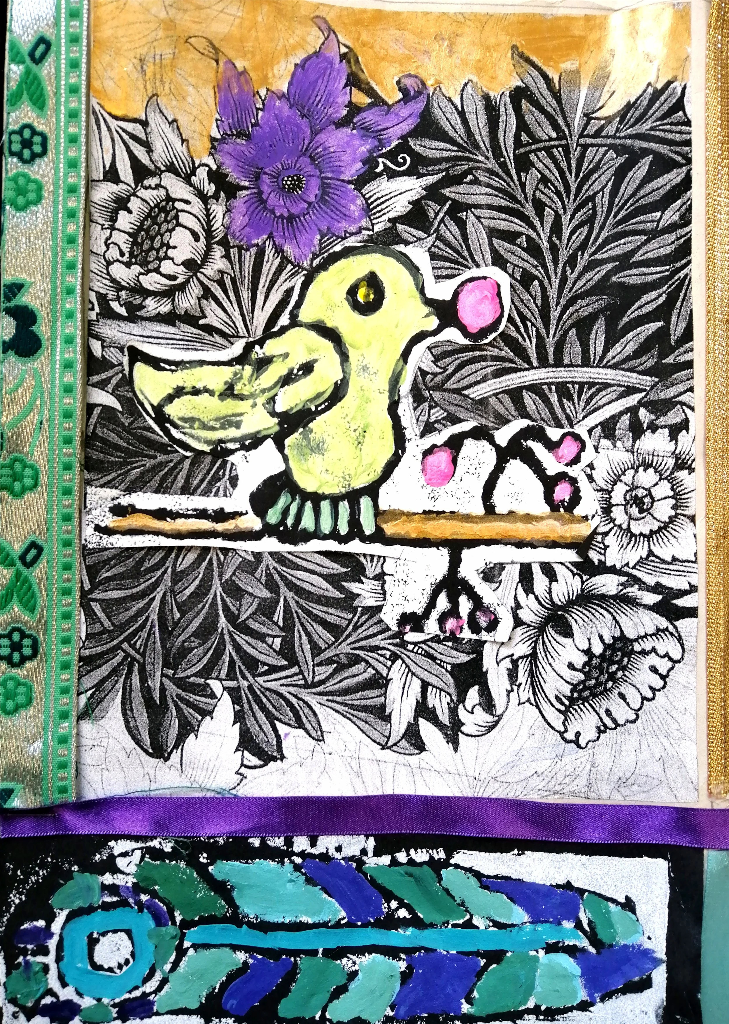 A colorful mixed media artwork featuring a cartoonish yellow bird with a pink beak perched on a branch surrounded by black and white detailed floral patterns, with decorative green and purple ribbons framing the top and bottom edges.