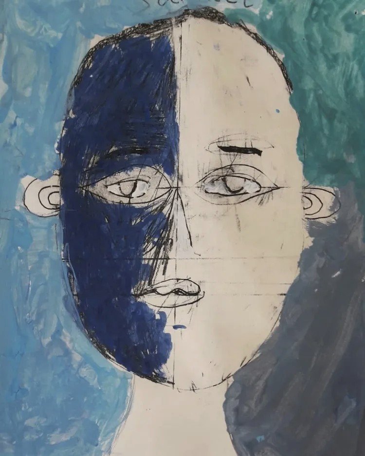 A mixed media portrait of a person with one half of their face colored in blue and the other half in white, featuring detailed line drawings of facial features and large earrings, with a background of various shades of blue.