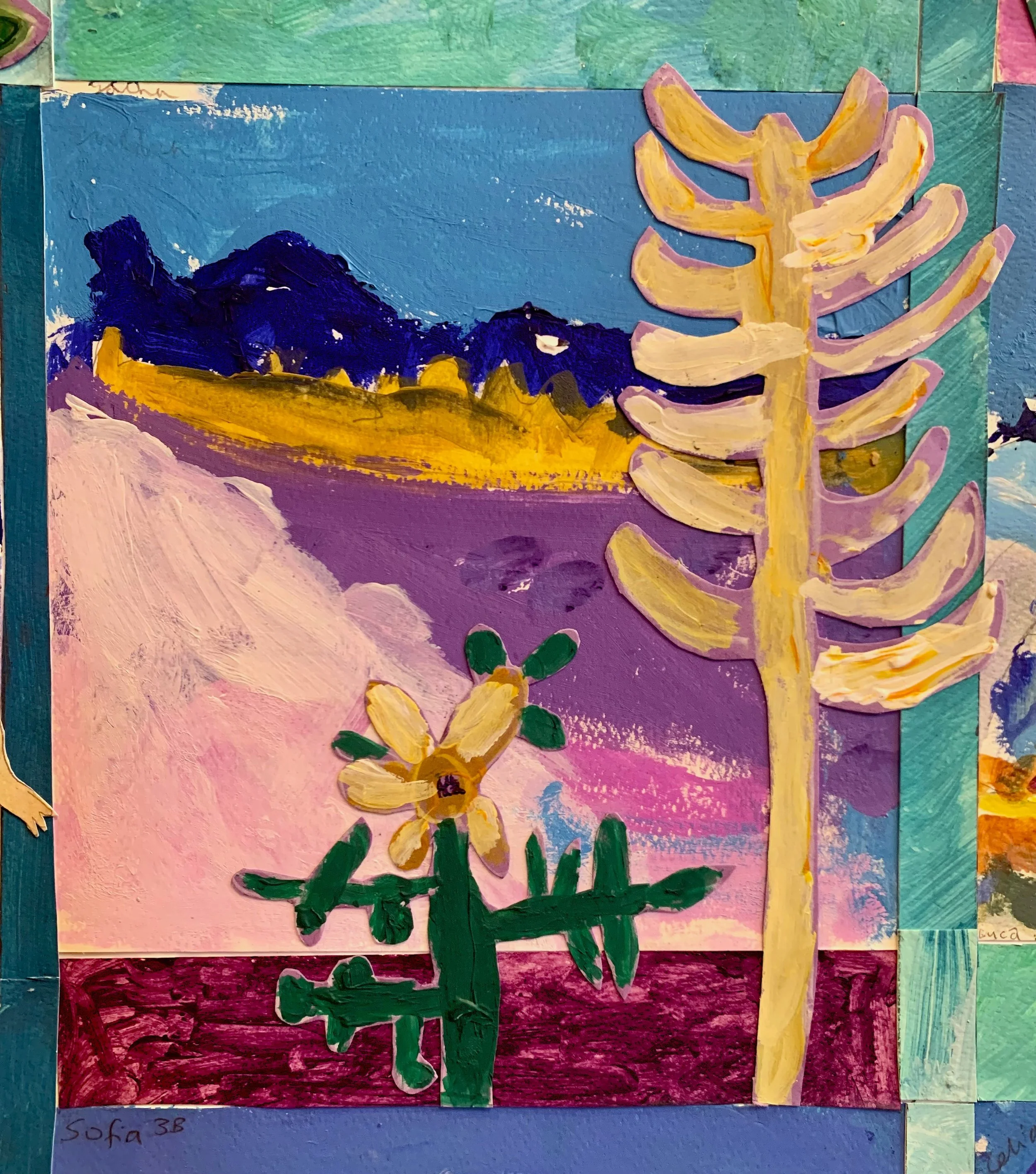 A colorful abstract landscape painting featuring a pink and purple sky, dark mountains in the background, a large yellow and pink tree on the right, a smaller yellow flower with green leaves on the left, and a reddish ground.