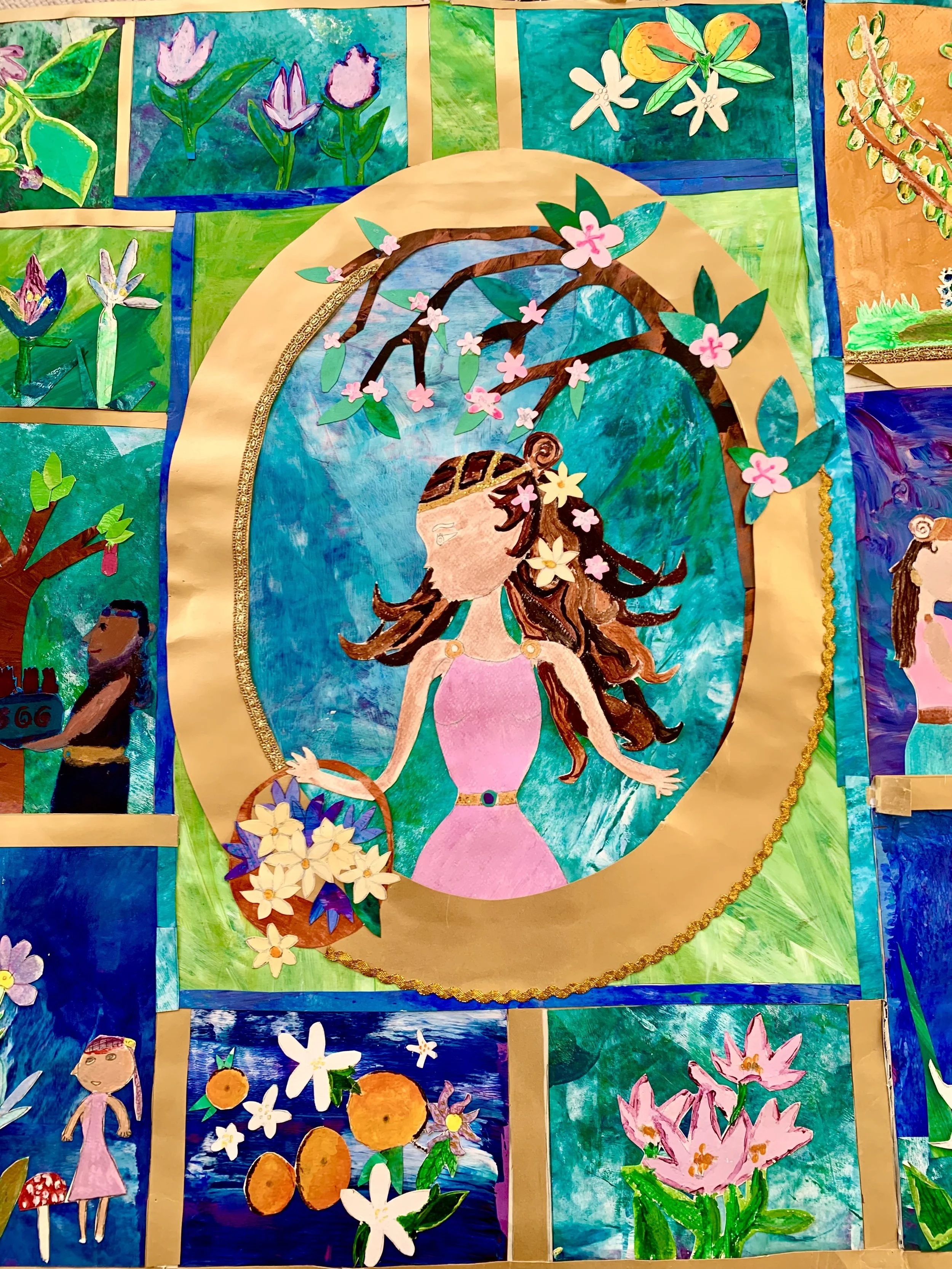 Colorful collage artwork featuring a central illustration of a girl with long brown hair, wearing a pink dress, holding a basket of flowers, and surrounded by blooming flowers, trees, and various nature scenes.