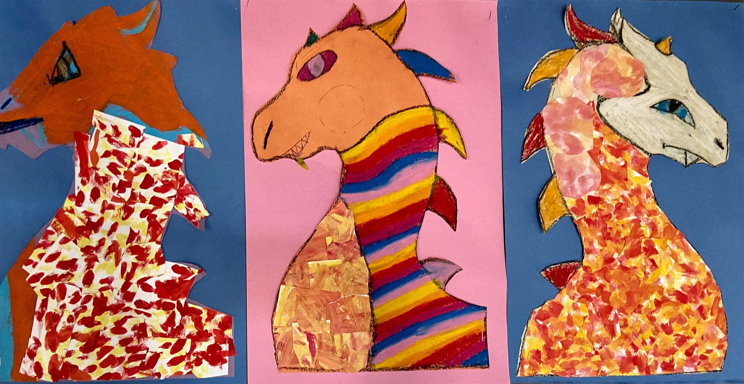 Three colorful, hand-drawn dinosaur collages on pink and blue construction paper backgrounds.