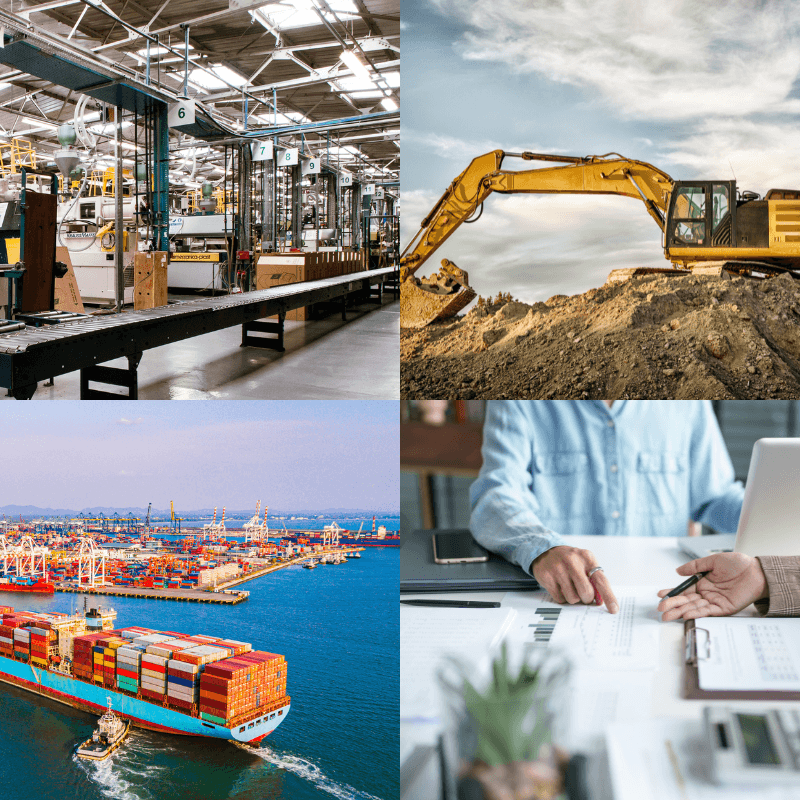 image of factory, track hoe, shipping containers, and professional for South Africans want to become refugees in American and find jobs