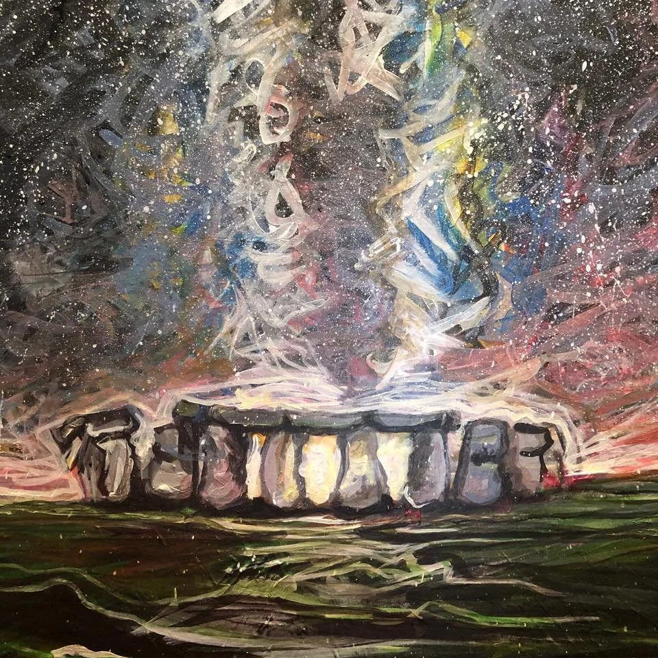 Abstract painting of Stonehenge with a colorful, starry sky and swirling clouds above it.