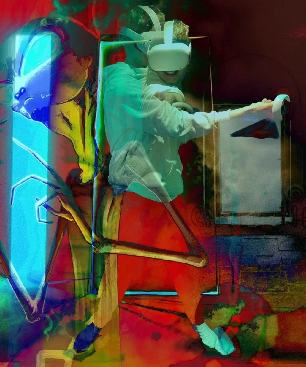 Child wearing a virtual reality headset and holding a controller, engaging with a digital environment in a colorful art space.