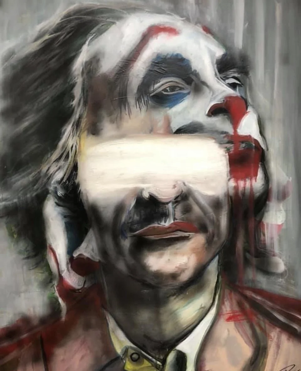 A painting of a person's face with an American flag theme, featuring facial features and hair, with a large white bar across the eyes, and red, white, and blue paint streaks.