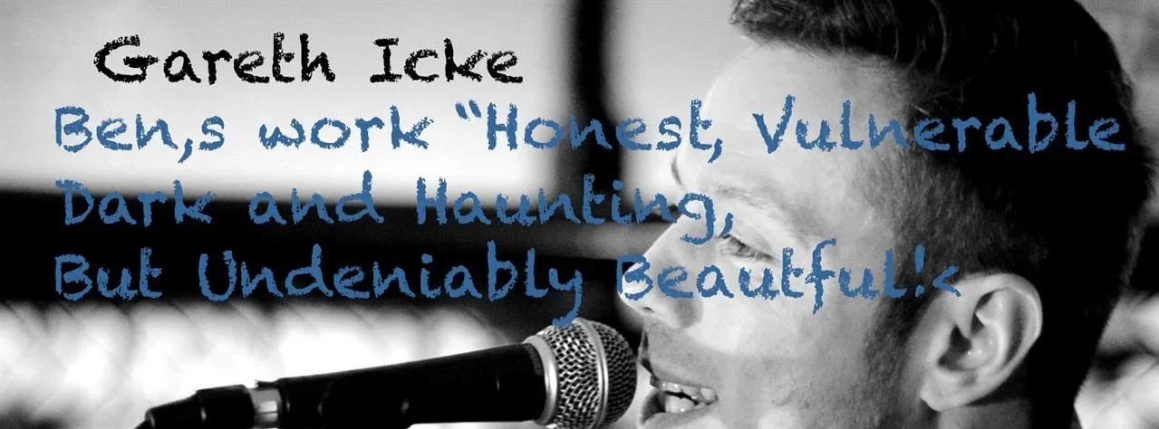 Close-up of a man singing into a microphone with text overlay about Gareth Icke's book.